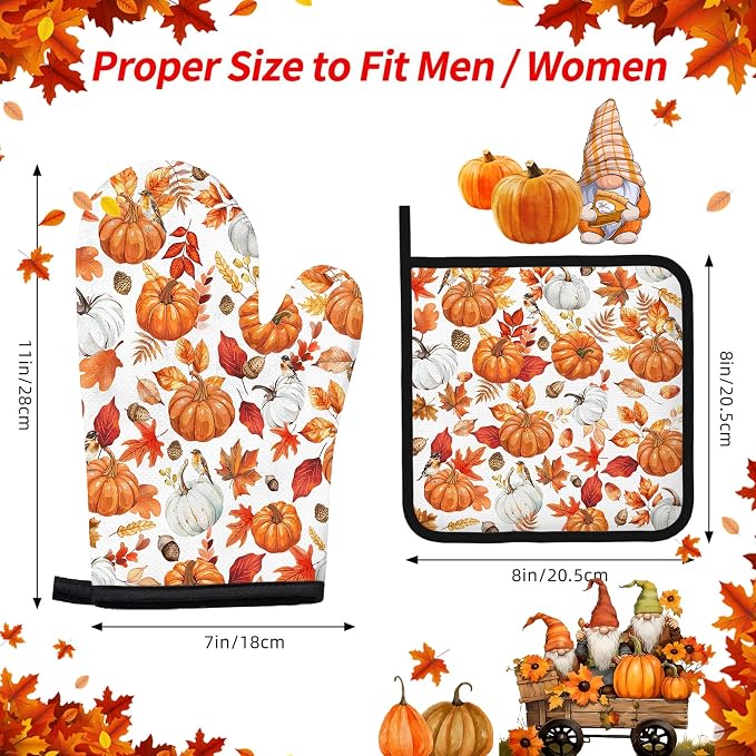 Thanksgiving Pumpkin Oven Mitts and Pot Holders, Fall Oven Mitts Sets of 3 - Image 2
