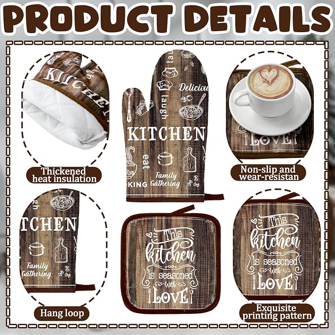 12 Pcs Farmhouse Kitchen Oven Mitts and Pot Holders Decor Sets 4 Wood Kitchen - Image 5