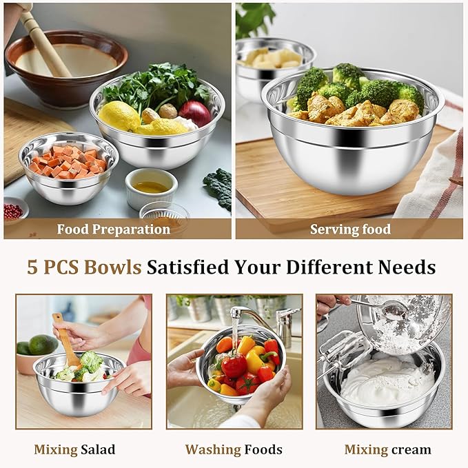 P&P CHEF Mixing Bowls with Visible Airtight Lids Set of 5, 10-Piece Stainless - Image 3