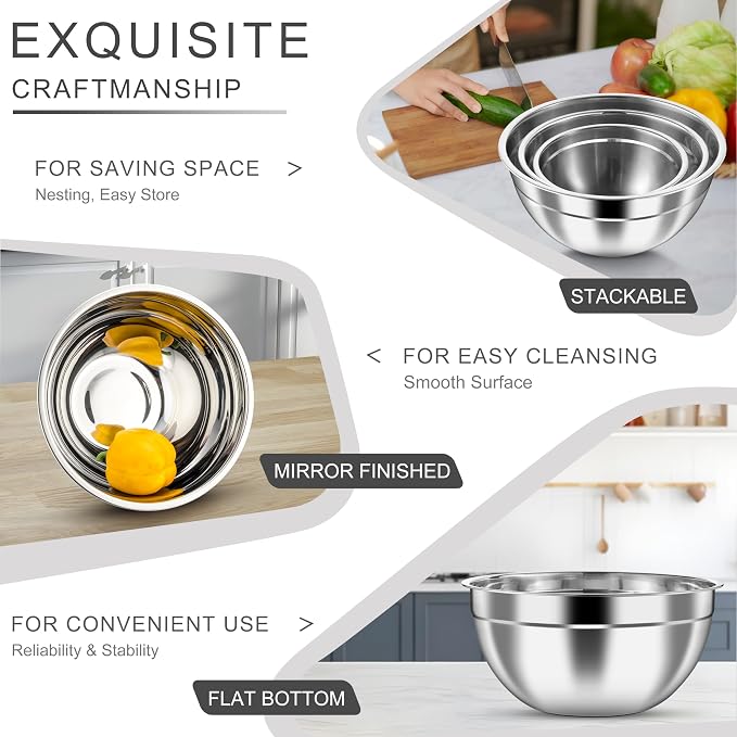 HaWare Mixing Bowls with Airtight Lids, 6-Piece Stainless Steel Salad Bowls - Image 4