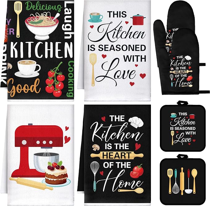 Leinuosen 8 Pcs Cuisine Kitchen Decor Accessories Set Farmhouse Towels Oven by Leinuosen