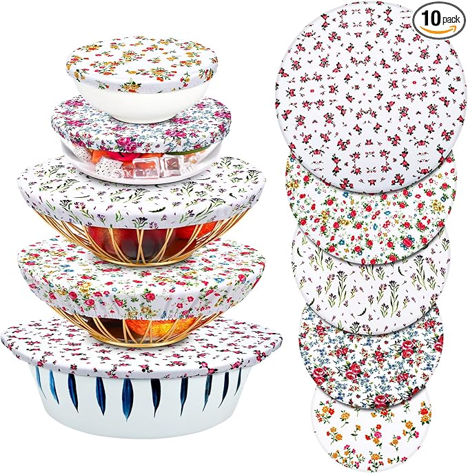 Patelai 10 Pcs Bowl Covers Reusable in 5 Size Stretch Cloth Fabric Elastic Food by Patelai