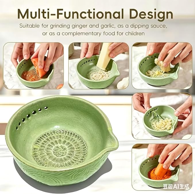 Garlic Grater Bowl 7-hole 2-in-1Kitchen Spanish Handheld Herb Stripper Ceramic - Image 2