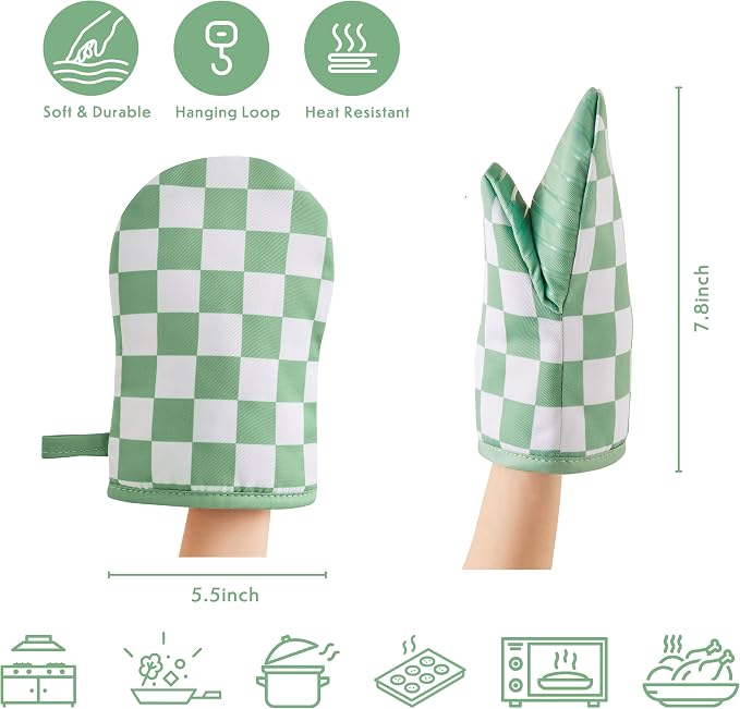 Ohocut Sage Green Checkered Mini Oven Mitts Heat Resistant, Vintage Retro - Image 5