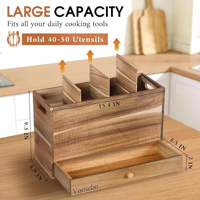 Acacia Wood Kitchen Utensil Holder - Image 3