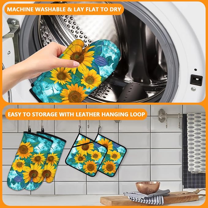 Sunflower Oven Mitts and Pot Holders Sets 4Pcs, Extra Long Oven Gloves Potholder - Image 5