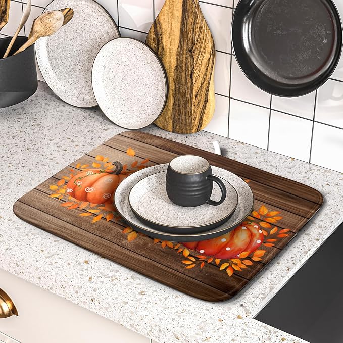 Autumn Pumpkin Dish Drying Mat Rustic Wood Dish Drainer Mats Fast Dry - Image 5