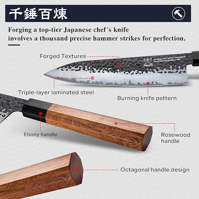 FAMCÜTE 8 Inch Japanese Knife, Hand Forged 5 Layers High Carbon 9CR18MOV Steel - Image 4