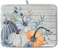 Fall Blue Orange Grey Pumpkin Kitchen Dish Drying Mat by Kwlegh