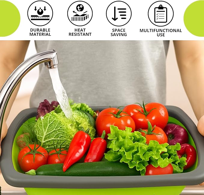 3PCS Green Foldable Kitchen Strainer Set – Silicone Colander Collapsible - Image 6