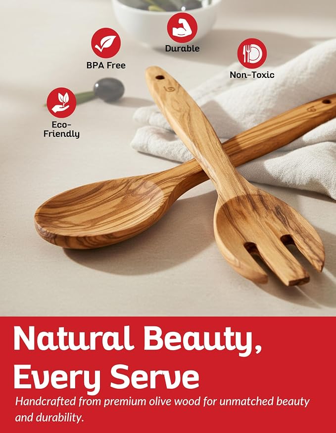 Olive Wood Utensil Set of 2 PCS – Handcrafted Wooden Spoon & Spatula – Natural - Image 2