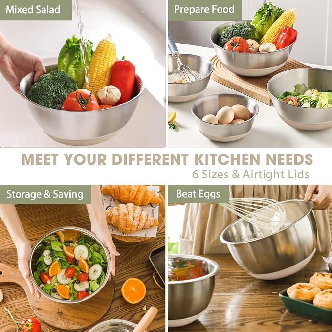 Umite Chef Mixing Bowls with Airtight Lids, 6 piece Stainless Steel Metal - Image 3