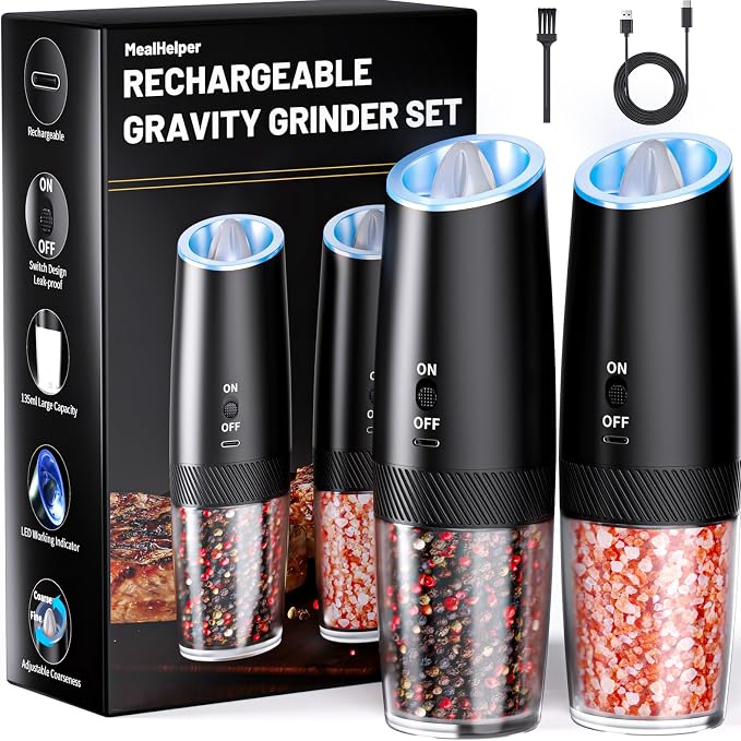 MealHelper Rechargeable Gravity Electric Salt and Pepper Grinder Set by Unknown