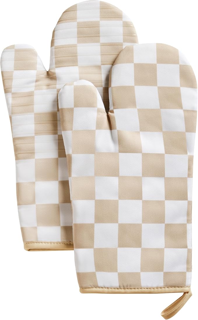 Ohocut Beige Checkered Oven Mitts Heat Resistant, Vintage Retro Checkerboard by Ohocut