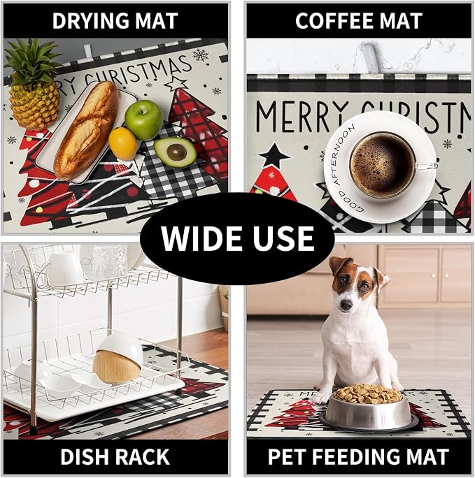 Christmas Trees Kitchen Dish Drying Mat 18x24 Inch Merry Christmas Black White - Image 7