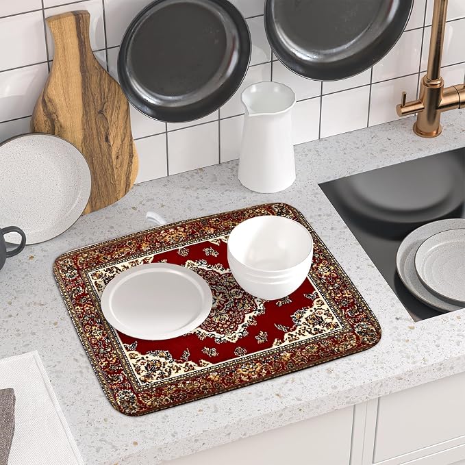 Giwawa Vintage Boho Dish Drying Mat Antique Tribal Rustic Red Floral Dish - Image 6