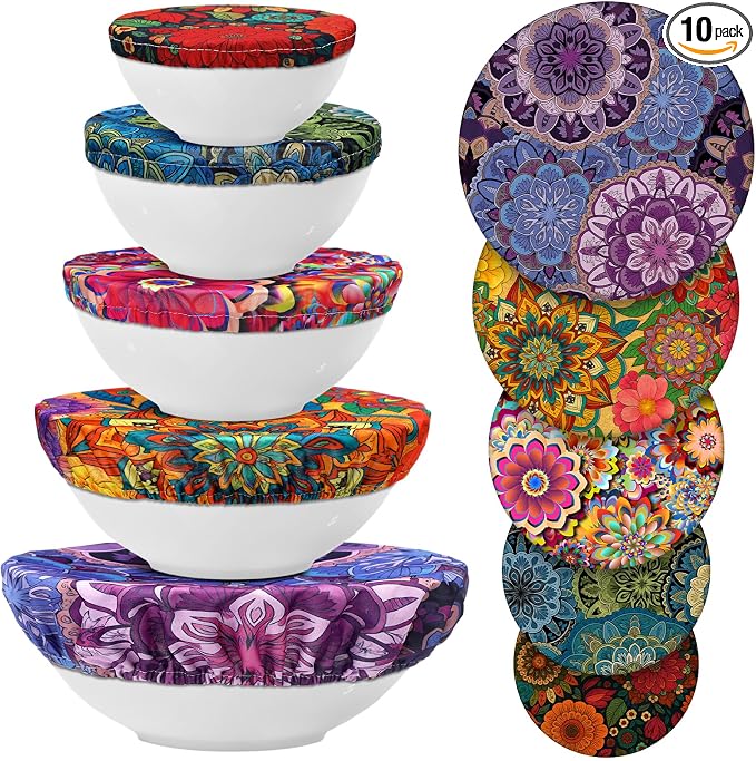 Patelai 10 Pcs Bowl Covers Reusable in 5 Size Stretch Cloth Fabric Elastic Food by Patelai