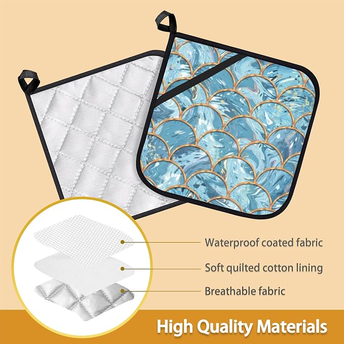 Mermaid Fish Scales Marble Pot Holder Set of 2, Heat Resistant Potholders Oven - Image 3