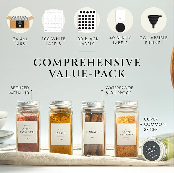 FINESSY Glass Spice Jars with Labels with Metal Lids and Shakers 24 Pack Set - Image 4