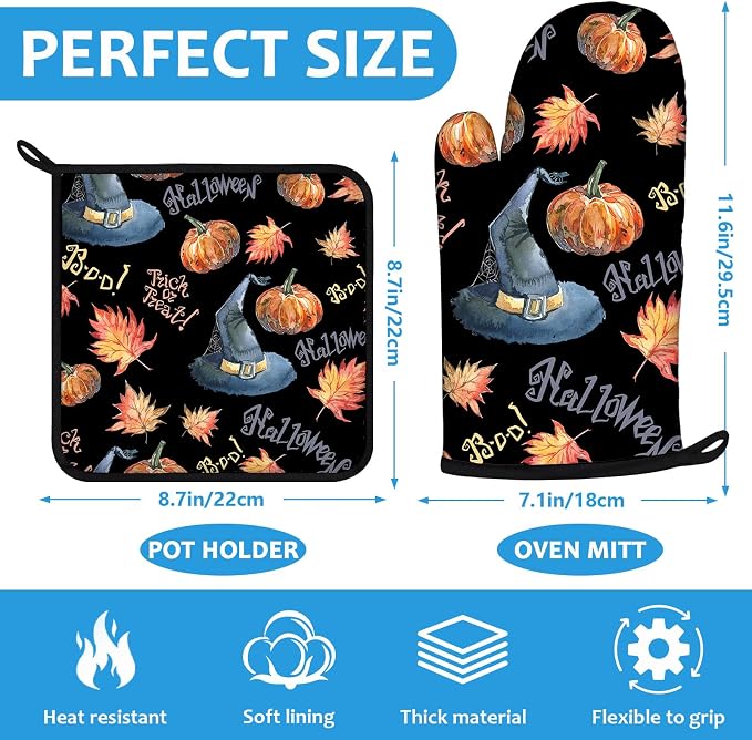 Halloween Pumpkin Autumn Maple Leave Oven Mitts and Pot Holders Sets Heat - Image 2