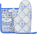 Blue Boho Geometric Silicone Oven Mitts Pan Mats Set of 2, Heat Resistant by Cayiibe