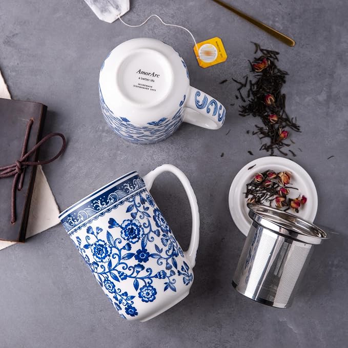 AmorArc Porcelain Tea Mug with Infuser and Lids, 18 Oz Coffee Cup Strainer with - Image 5