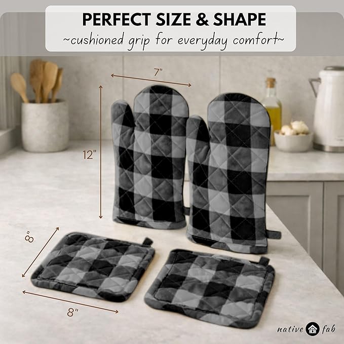 Native Fab Buffalo Plaid Check Oven Mitts and Pot Holders Set of 4, 100% Cotton - Image 6