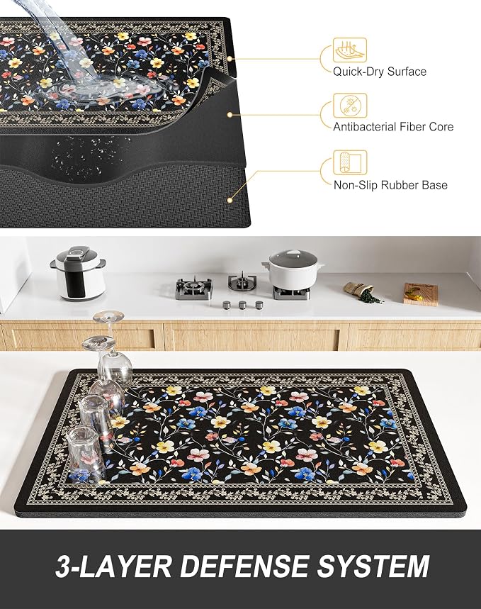 Rnivvi Dish Drying Mat for Kitchen Counter, XL 15 x 24" Cute Flower Theme Super - Image 4