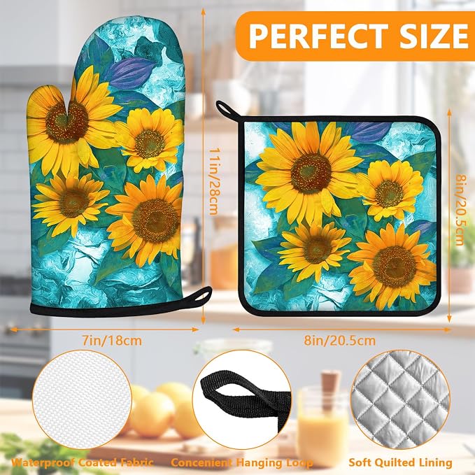 Sunflower Oven Mitts and Pot Holders Sets 4Pcs, Extra Long Oven Gloves Potholder - Image 2