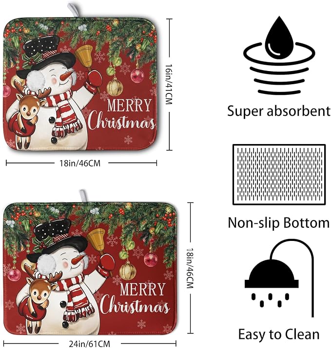 Christmas Dish Drying Mats for Kitchen Counter 16x18 Cute Snowman Red Dish - Image 2