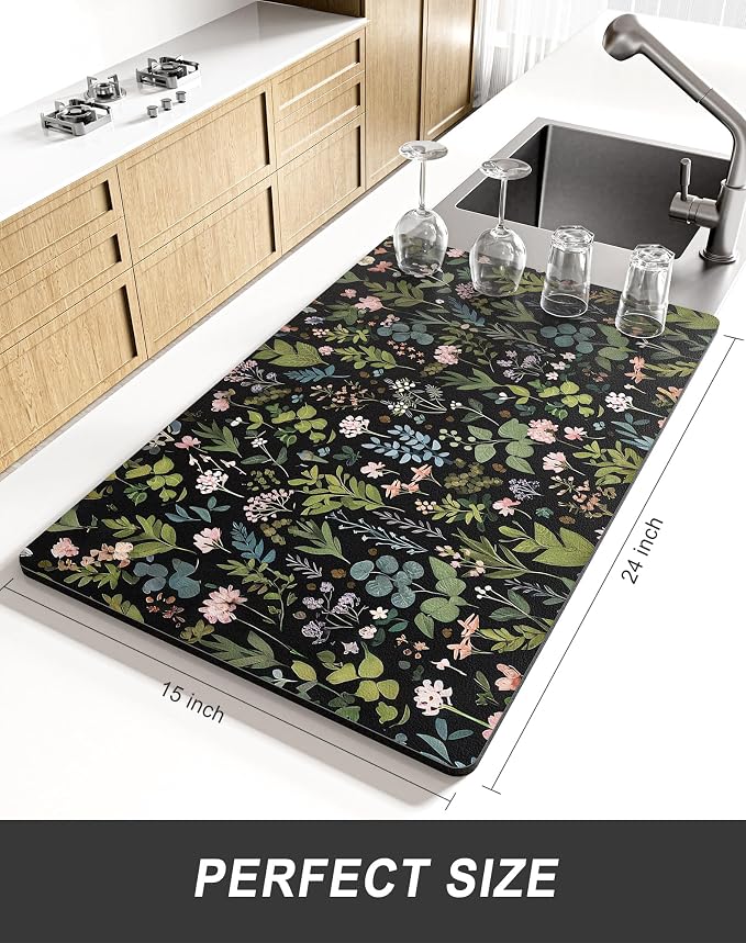 Rnivvi Dish Drying Mat for Kitchen Counter, XL 15 x 24" Cute Flower Theme Super - Image 2