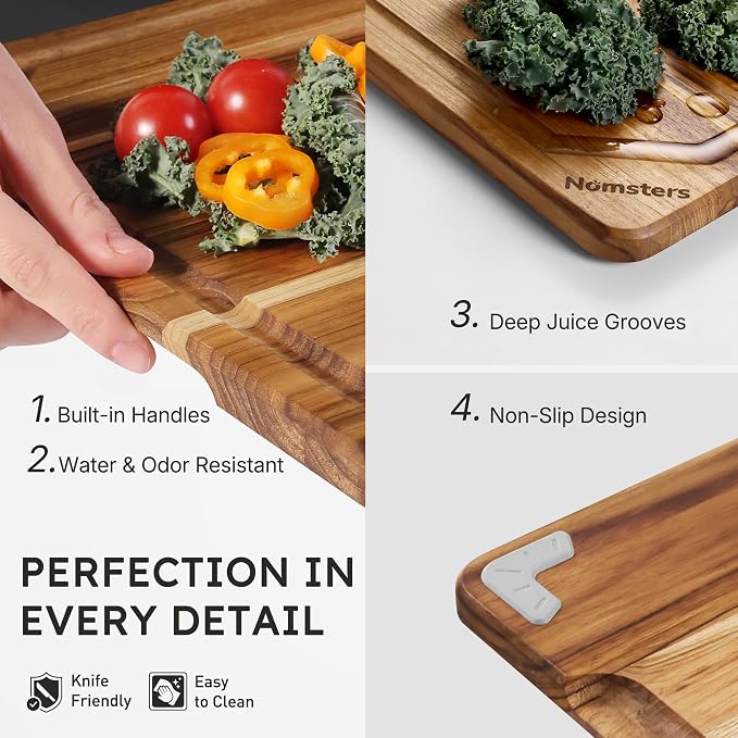 2 Pack Teak Wood Cutting Board Set Non Slip Over Sink Charcuterie Board Serving - Image 6