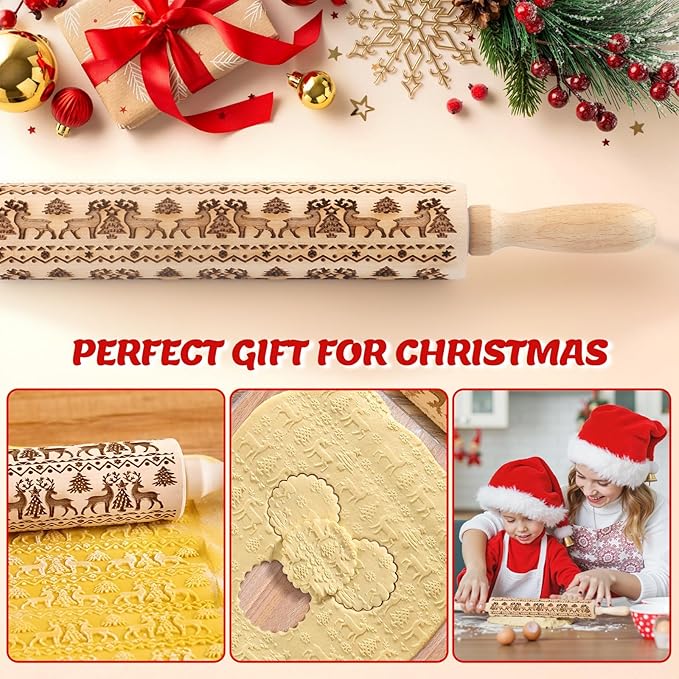 Stocking Stuffers Gifts for Women, Wooden Embossed Rolling Pin for Baking - Image 7