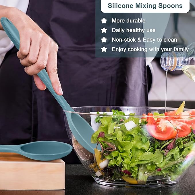 E-far Silicone Cooking Spoon Set of 2, Heat Resistant Kitchen Spoons Utensils - Image 3