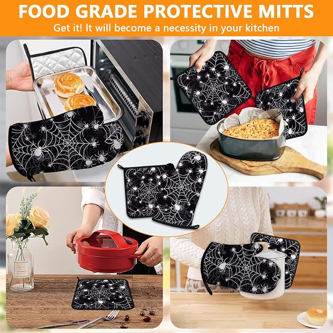 Spider Web Oven Mitts and Pot Holders Sets 4Pcs, Extra Long Oven Gloves - Image 7