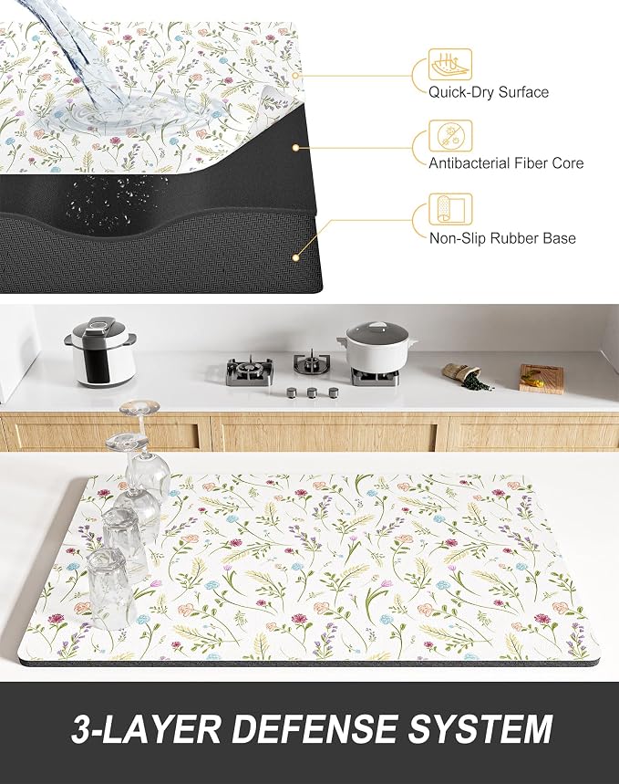 Rnivvi Dish Drying Mat for Kitchen Counter, 12 x 19" Cute Flower Theme Super - Image 4