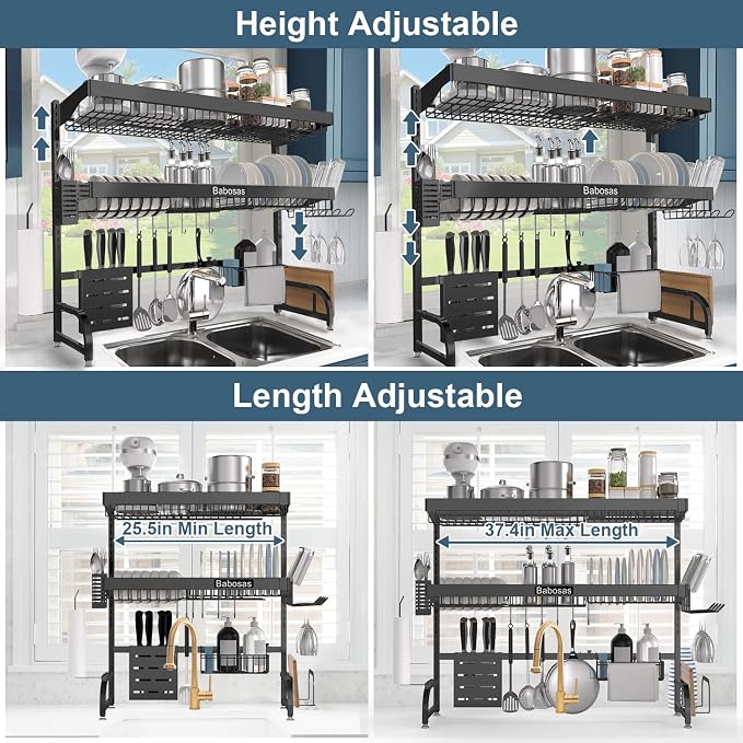 Over The Sink Dish Drying Rack, 3 Tier Adjustable Length Full Stainless Steel - Image 7