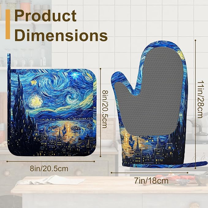 Starry Night Oven Mitts and Pot Holders Set of 4, Heat Resistant Non Slip - Image 2