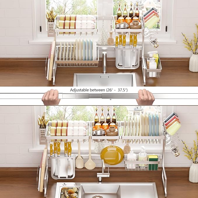 PUSDON Over Sink Dish Drying Rack Stainless Steel, Adjustable Large Dish Drainer - Image 4