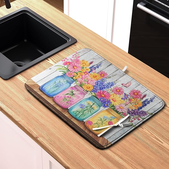 Daisy Dish Drying Mat for Kitchen Counter Spring Summer Flowers Vases Dishes - Image 6