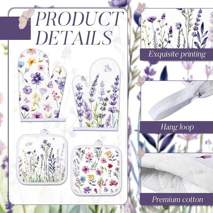 Spring Lavender Oven Mitts and Pot Holders Kitchen Dish Towels Set Purple - Image 4