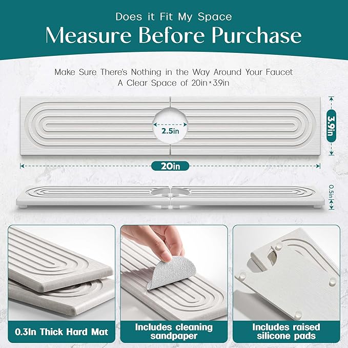 Eormoe Stone Faucet Mat for Kitchen Sink – Diatomite Drying Stone Mat & Sink - Image 2