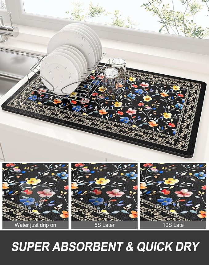 Rnivvi Dish Drying Mat for Kitchen Counter, XL 15 x 24" Cute Flower Theme Super - Image 3