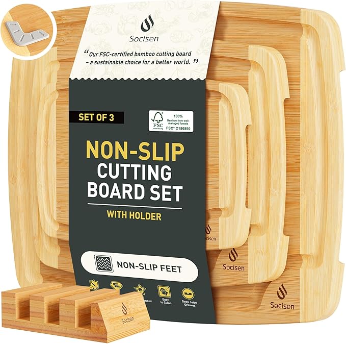Bamboo Cutting Board Set Non Slip Feet by Socisen