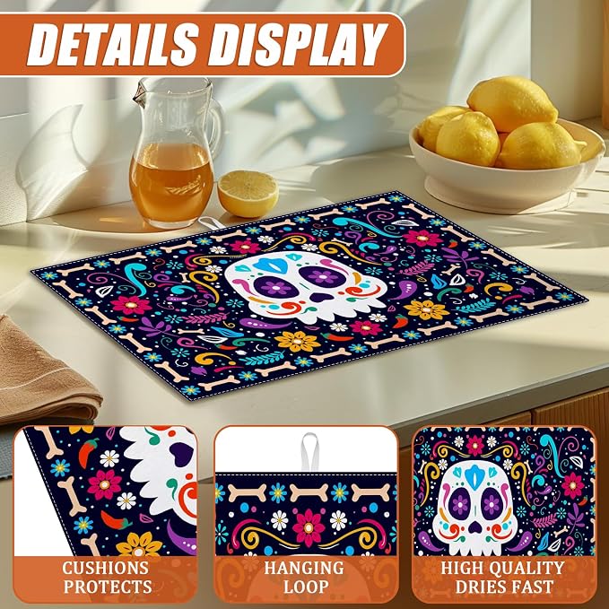 Sugar Skull Dish Drying Mat for Kitchen Counter Microfiber Absorbent Dish Day - Image 3