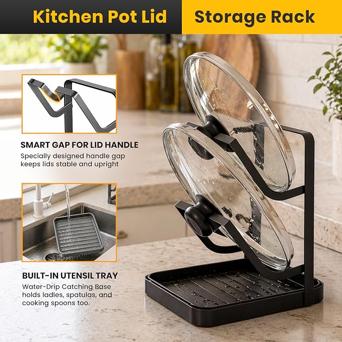 Pot Lid Holder with Removable Drip Tray, Kitchen Pot Lid Storage Rack - Image 5