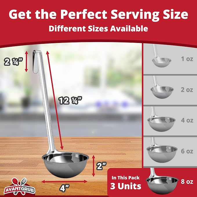 Super Sturdy, Ergonomic 8 Oz. Soup Ladle 3 Pk. Stainless Steel Ladles - Image 2