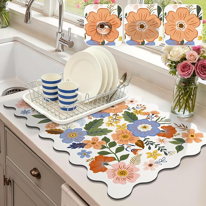 LOKHOM Scalloped Floral Dish Drying Mat, Cuttable Hide Stain Non-slip Drying Mat by LOKHOM