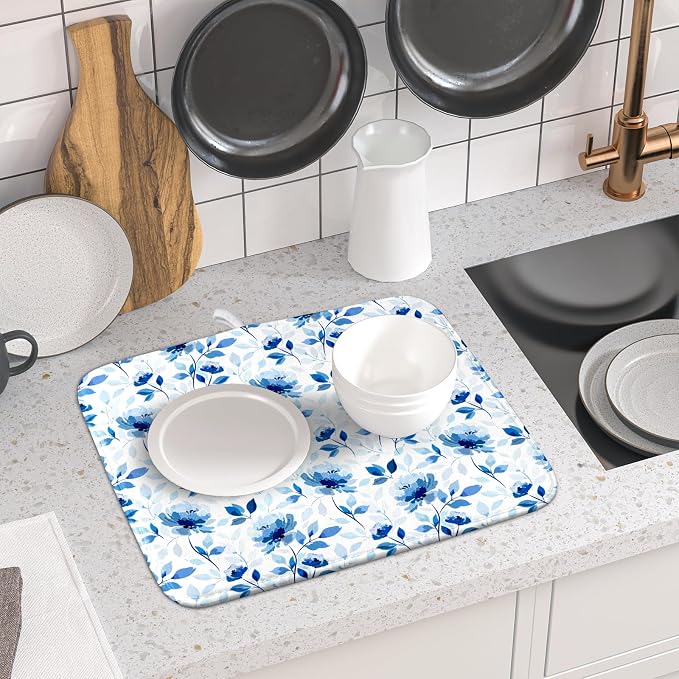 Blue Floral Dish Drying Mat 16x18 inch Flower Leaves Dish Rack Pad Microfiber - Image 6