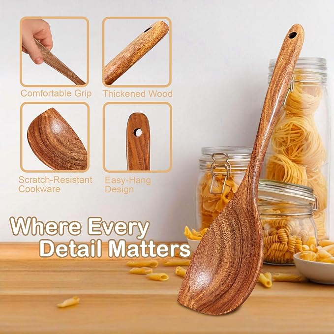 Wooden Spoons for Cooking, Natural Premium 6 Piece Teak Wooden Cooking Utensils - Image 3